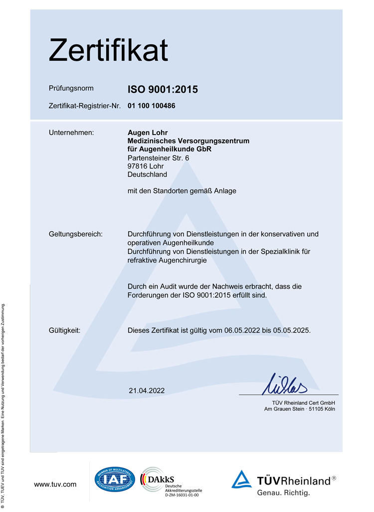 TÜV Rheinland Zertifikat AUGEN LOHR MVZ 2022